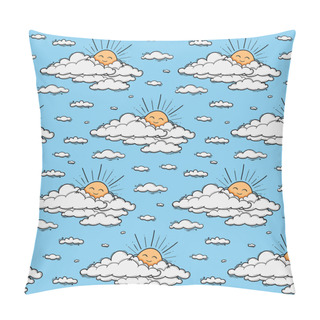 Personality  Cute Cloud And Sun Seamless Pattern Vector Background. Smiling Sun Kids Illustration Isolated On Blue Sky. Summer Background. Funny Design For Kids And Baby Pillow Covers