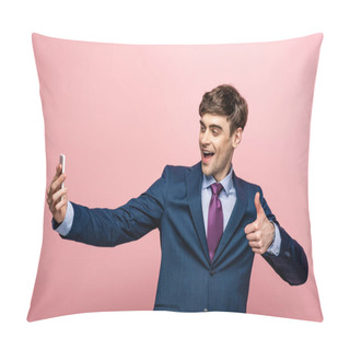 Personality  Cheerful Businessman Showing Thumb Up While Taking Selfie With Smartphone Isolated On Pink Pillow Covers