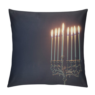 Personality  Religion Image Of Jewish Holiday Hanukkah Background With Menorah (traditional Candelabra) And Candles Pillow Covers