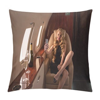 Personality  Sexy Attractive Woman Taking Selfie On Smartphone With Champagne In Airplane  Pillow Covers