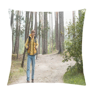 Personality  Full Length View Of Hiker In Warm Vest And Jeans Walking On Trail In Forest Pillow Covers