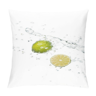 Personality  Green Fresh Whole Lime And Half With Clear Water Splash And Drops Isolated On White Pillow Covers