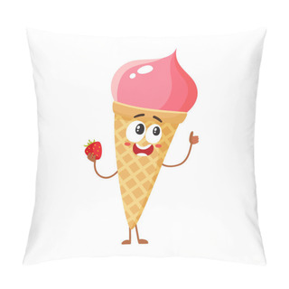 Personality  Strawberry Ice Cream Character In Wafer Cone With Smiling Face Pillow Covers