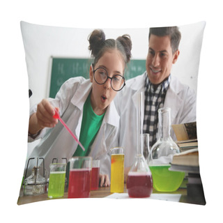 Personality  Teacher With Pupil Making Experiment At Table In Chemistry Class Pillow Covers