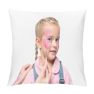 Personality  Partial View Of Artist Painting Butterfly On Face Of Adorable Kid Isolated On White Pillow Covers