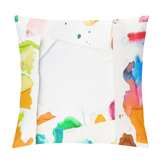 Personality  Top View Of Frame With Abstract Watercolor Spills On Papers On White Background Pillow Covers