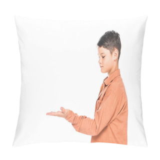 Personality  Side View Of Kid In Shirt Holding Hand Up Isolated On White Pillow Covers
