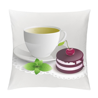 Personality  Cup Of Green Tea With Cherry Cake. Vector Illustration. Pillow Covers
