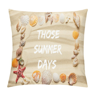 Personality  Top View Of Frame With Those Summer Days Illustration, Seashells, Starfish And Corals On Sandy Beach Pillow Covers