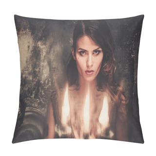 Personality  Smoking Tattooed Beautiful Woman  In Old Spooky Interior Pillow Covers