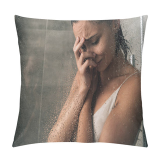 Personality  Beautiful Sad Woman Covering Face And Crying In Shower At Home Pillow Covers