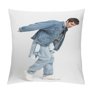 Personality  Full Length Of Stylish Man In Denim Jacket And Jeans Posing While Looking Down On Grey  Pillow Covers