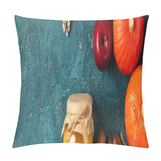 Personality  Pumpkins And Red Apple Near Jar Of Honey On Blue Textured Surface, Thanksgiving Still Life, Banner Pillow Covers