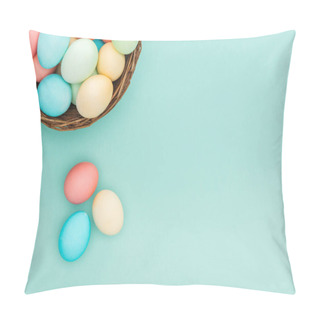 Personality  Top View Of Traditional Pastel Easter Eggs In Wicker Basket Isolated On Blue With Copy Space Pillow Covers