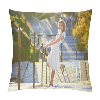 Personality  Beautiful Young Woman In White Dress Walking On Famous Montmartre Hill In Paris, France At Early Morning Pillow Covers