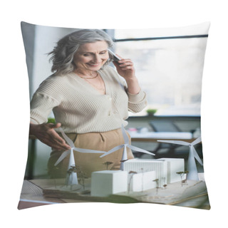 Personality  Mature Businesswoman Talking On Smartphone Near Models Of Buildings And Paper Folder In Office  Pillow Covers