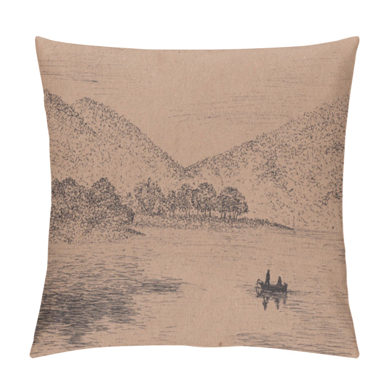 Personality  Ink pen sketch painting of asian mountains, river, forest and fisherman boat. Hand drawn oriental style landscape with layers of rocks. Concept for print, relaxation, restore, meditation background. pillow covers