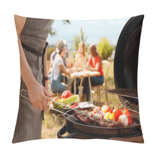 Personality  Man Cooking Meat And Vegetables On Barbecue Grill Outdoors Pillow Covers