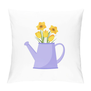 Personality  Jug Of Flowers, Tulips And Daffodils, Spring Bouquet Of Hydrangeas. Vector Illustration. Eps 10 Pillow Covers