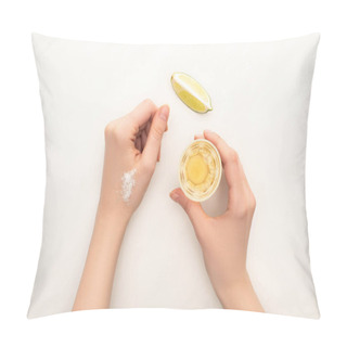 Personality  Cropped View Of Woman Drinking Golden Tequila With Lime And Salt On White Background Pillow Covers