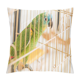 Personality  Selective Focus Of Bright Green Parrot Sitting In Bird Cage Pillow Covers