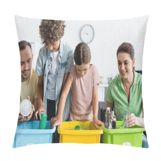 Personality  Family With Kids Sorting Trash In Boxes With Recycle Sign At Home  Pillow Covers