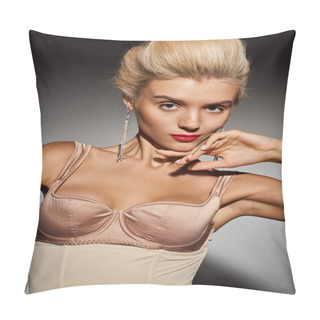 Personality  Portrait Attractive Blonde Girl With Red Lipstick And Long Earrings Against Grey Background Pillow Covers