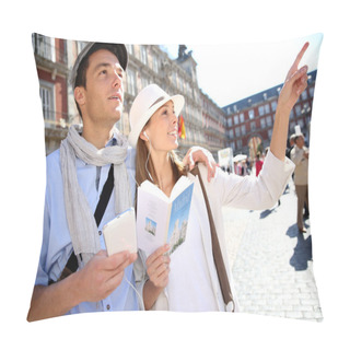 Personality  Tourists Walking In La Plaza Mayor With Traveler Guide Pillow Covers