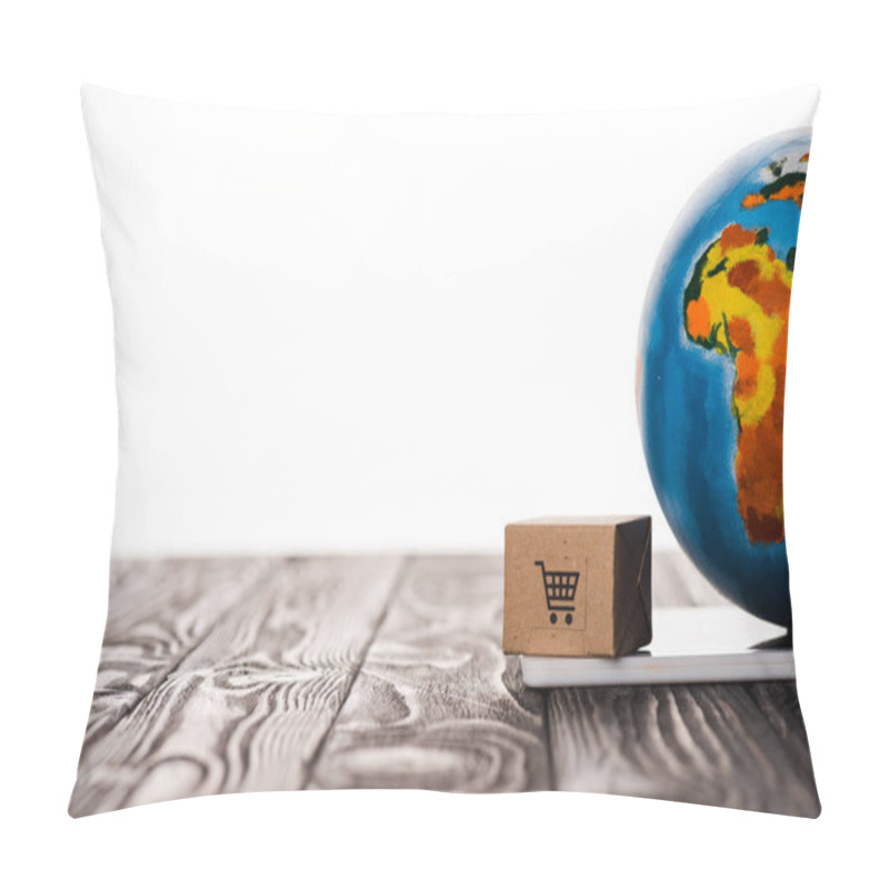 Personality  Selective Focus Of Toy Box And Globe On Digital Tablet Isolated On White, E-commerce Concept Pillow Covers