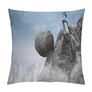 Personality  Businesswoman With Big Rock On The Cliff Pillow Covers