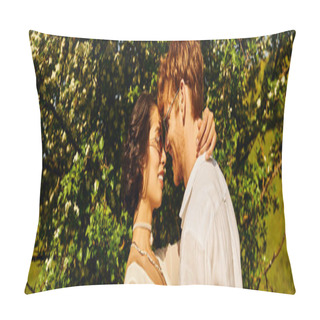 Personality  Newlyweds Couple In Countryside, Asian Bride In White Dress And Groom Hugging Near Big Tree, Banner Pillow Covers