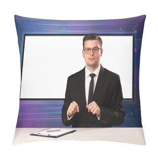 Personality  Television Program Host With Big Copy Screen In His Back Pillow Covers