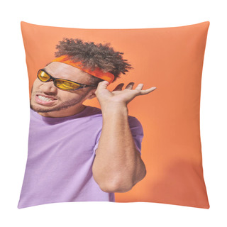 Personality  Curious African American Man In Sunglasses Gesturing While Listening On Orange Background Pillow Covers