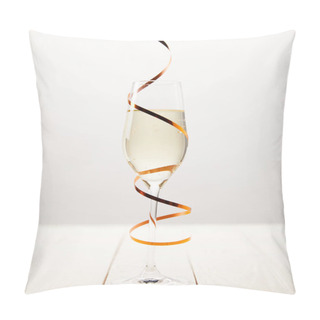 Personality  Closeup View Of Champagne Glass Wrapped By Serpentine On White Wooden Table, Holiday Concept Pillow Covers