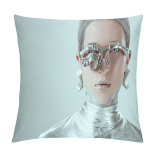 Personality  Close-up View Of Silver Robot Looking At Camera Isolated On Grey, Future Technology Concept  Pillow Covers