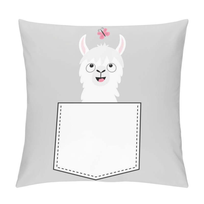 Personality  Llama alpaca face head in the pocket. Butterfly. Cute cartoon animals. Kawaii character. Dash line. White and black color. T-shirt design. Baby gray background. Isolated. Flat design. Vector pillow covers