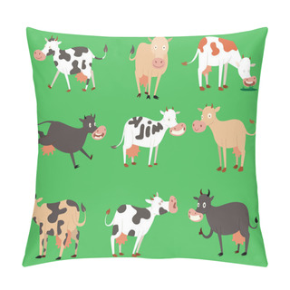 Personality  Milk Vector Cow Bull With Calf Buffalo Different Cows Colors Dairy Farm Beef, Nature Domestic Farm Animals. Cartoon Action Set, With Cute Lovely Heifer Different In Different Poses Pillow Covers
