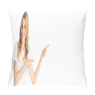 Personality  Smiling Attractive Adult Woman Pointing With Fingers Aside Isolated On White, Panoramic Shot Pillow Covers