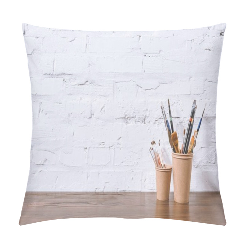 Personality  Paint Brushes In Paper Cups On White Wall Pillow Covers