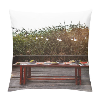 Personality  Food Served On Wooden Table For Outdoor Dinner Party. Pillow Covers