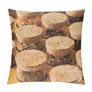 Personality  Coffee Beans In Glass Jars With Cork, Different Roasting, Caffeine And Energy, Coffee Background  Pillow Covers