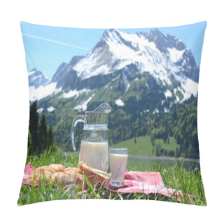 Personality  Milk, Cheese And Bread Served At A Picnic On Alpine Meadow, Swit Pillow Covers