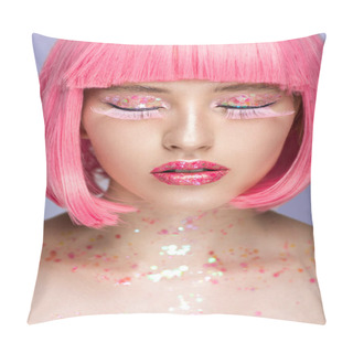 Personality  Attractive Woman With Pink Hair, Pink Eyelashes And Glittering Makeup Isolated On Violet Pillow Covers