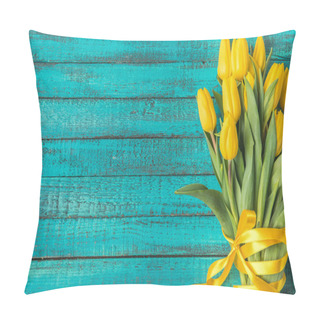 Personality  Beautiful Yellow Tulips With Ribbon On Turquoise Wooden Surface  Pillow Covers