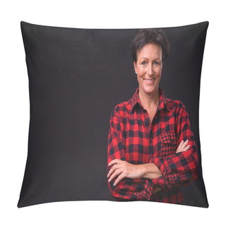 Personality  Mature Beautiful Woman With Short Hair Against Black Background Pillow Covers