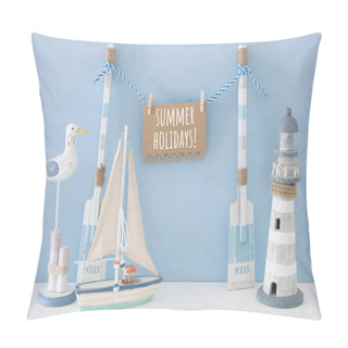 Personality  Nautical Concept With Wooden Decorative Boat Oars And Hanging Note Message On A String Next To Lighthouse, Seagull And Boat Over Blue Background. Pillow Covers