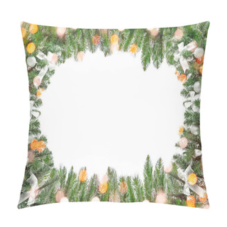 Personality  Frame Made Of Beautiful Christmas Tree Branches On White Background Pillow Covers