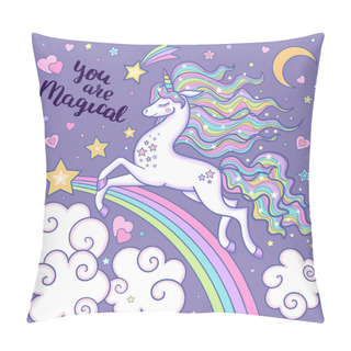 Personality  White Unicorn With A Rainbow Mane. Childrens Illustration. Vector Pillow Covers