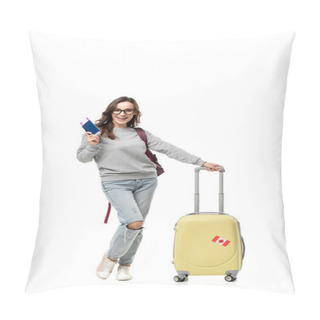 Personality  Female Student With Suitcase Holding Passport And Air Tickets Isolated On White, Studying Abroad Concept Pillow Covers