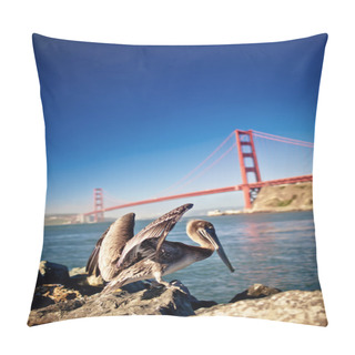 Personality  American Pelican With Golden Gate Bridge Behind Pillow Covers